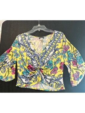 VENUS Women L Yellow Floral Baroque Twist Front Blouse Bell Sleeve Stretch Top